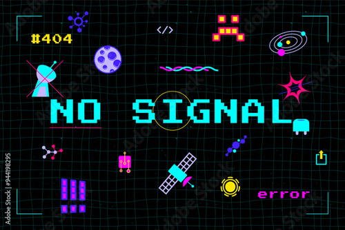 A colorful background with a black text that says "No Signal" in neon blue. A neon-lit landscape of space-age elements, including sputniks, solar system symbols, a glowing moon in of retro-futurism st