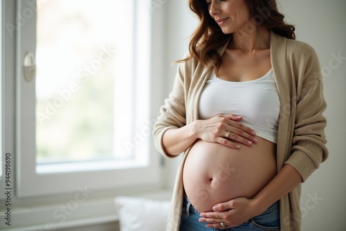 photo of pregnant woman happy calming at her living room with curtain in background, generative AI