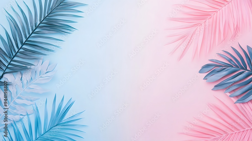 Photo of a pastel pink and blue background with palm leaves for an abstract summer concept. Web banner with copy space on the right Photo of a pastel pink and blue background with palm leaves for an abstract summer concept. Web banner with copy space on the right
