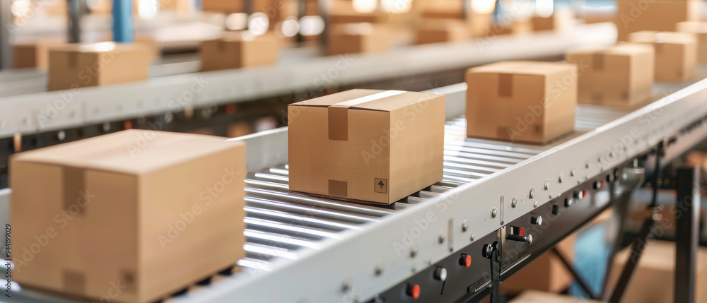 Automated conveyor belt transporting cardboard boxes in a warehouse setting for efficient order fulfillment and logistics.