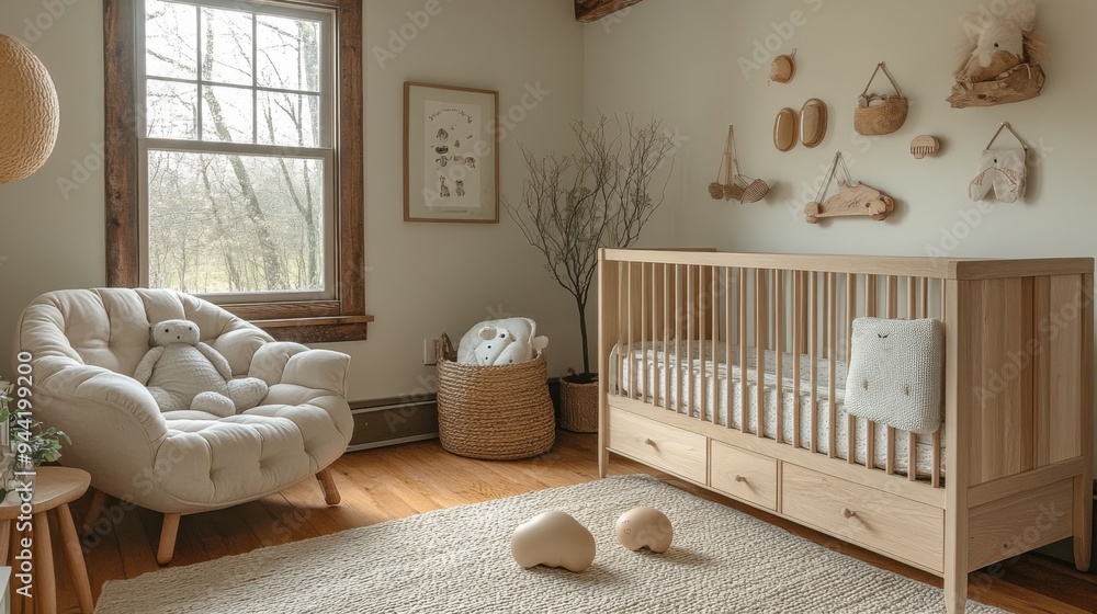 Cozy natural-themed nursery with wooden crib and nature wall decor in bright, tranquil setting. Cozy natural-themed nursery with wooden crib and nature wall decor in bright, tranquil setting.