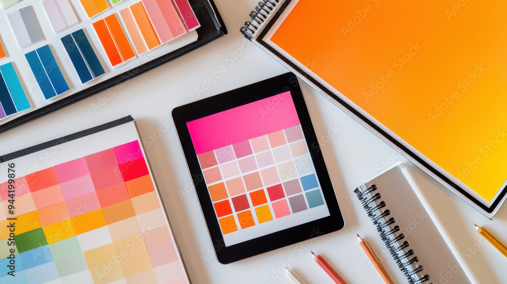 Color palettes and design tools arranged on a table for creative inspiration and interior decoration. Color palettes and design tools arranged on a table for creative inspiration and interior decoration.