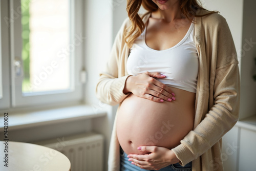 photo of pregnant woman happy calming at her living room with curtain in background, generative AI