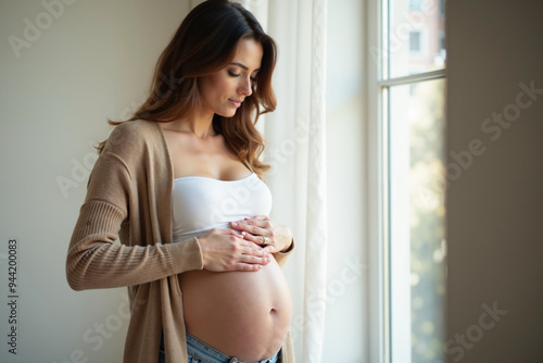 photo of pregnant woman happy calming at her living room with curtain in background, generative AI Free Download photo of pregnant woman happy calming at her living room with curtain in background, generative AI - GFXLoad