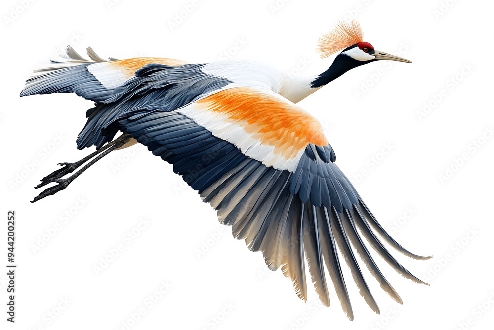 Fototapeta premium Grey Crowned Crane Bird, Flying on White Background, Photo Realistic, Wallpaper, Cover and Screen for Smartphone, Cell Phone, Computer, Laptop, 9:16 and 16:9 Format