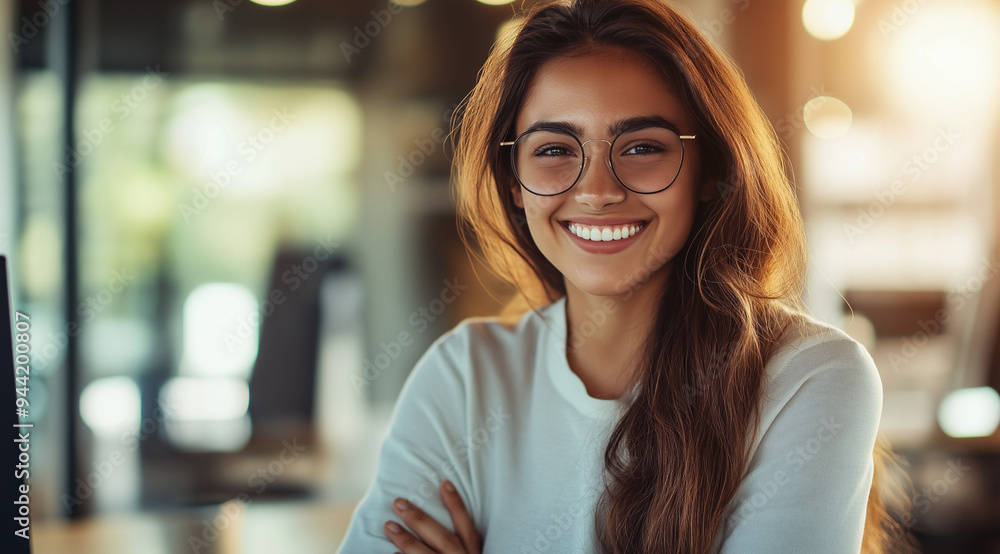 Happy Young Professional Woman with Glasses in a Sunlit Office Happy Young Professional Woman with Glasses in a Sunlit Office