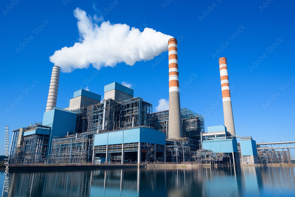 Industrial Power Plant with Smoke Stacks and Blue Sky Reflection on Water Industrial Power Plant with Smoke Stacks and Blue Sky Reflection on Water