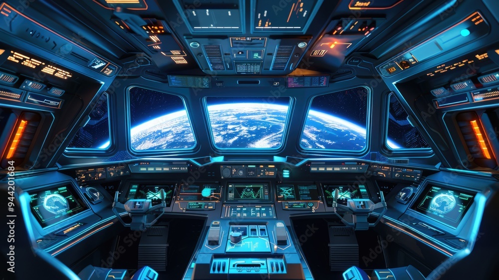 The cockpit of a futuristic spaceship, filled with advanced controls, holographic displays, The cockpit of a futuristic spaceship, filled with advanced controls, holographic displays,