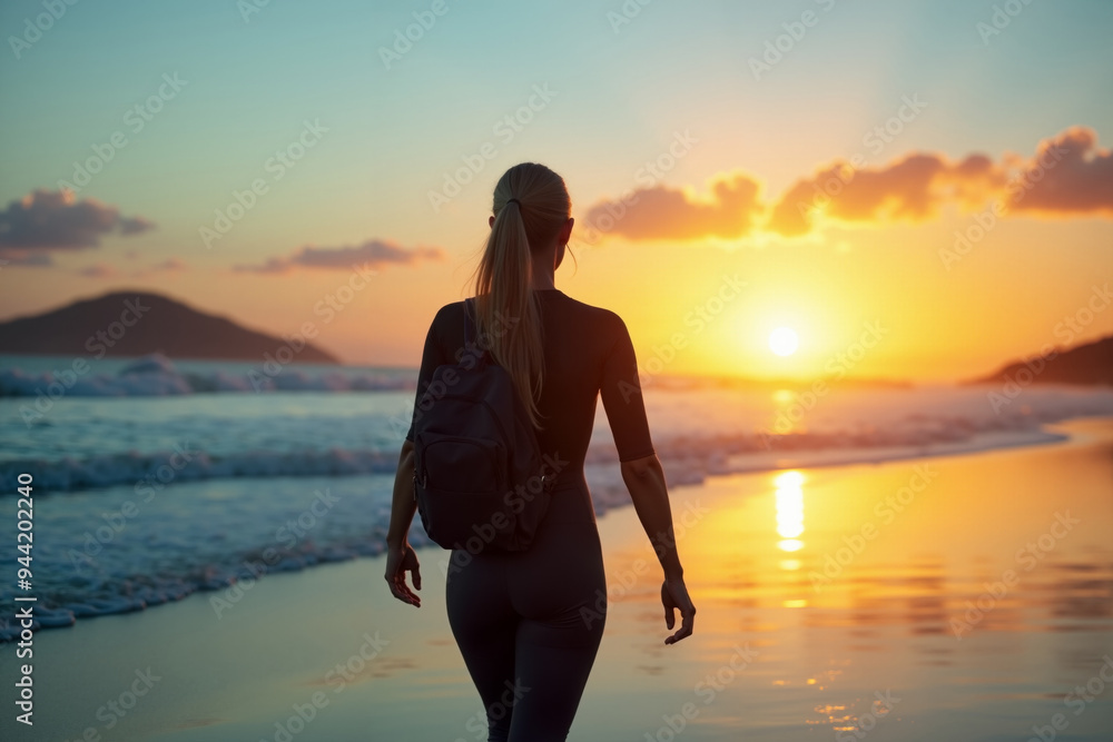 photo of diver woman with bag at sea ocean beach sunset evening, generative AI photo of diver woman with bag at sea ocean beach sunset evening, generative AI