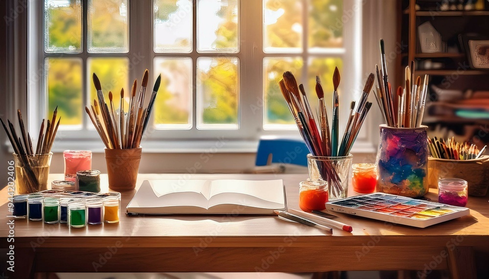 still life with brushes and paints still life with brushes and paints