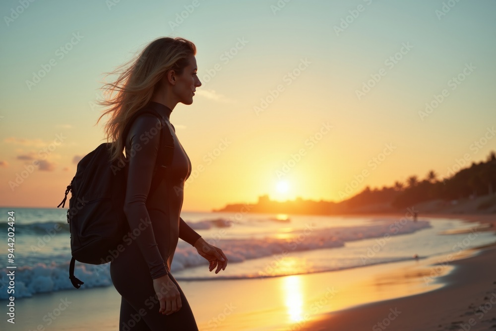 Fototapeta premium photo of diver woman with bag at sea ocean beach sunset evening, generative AI
