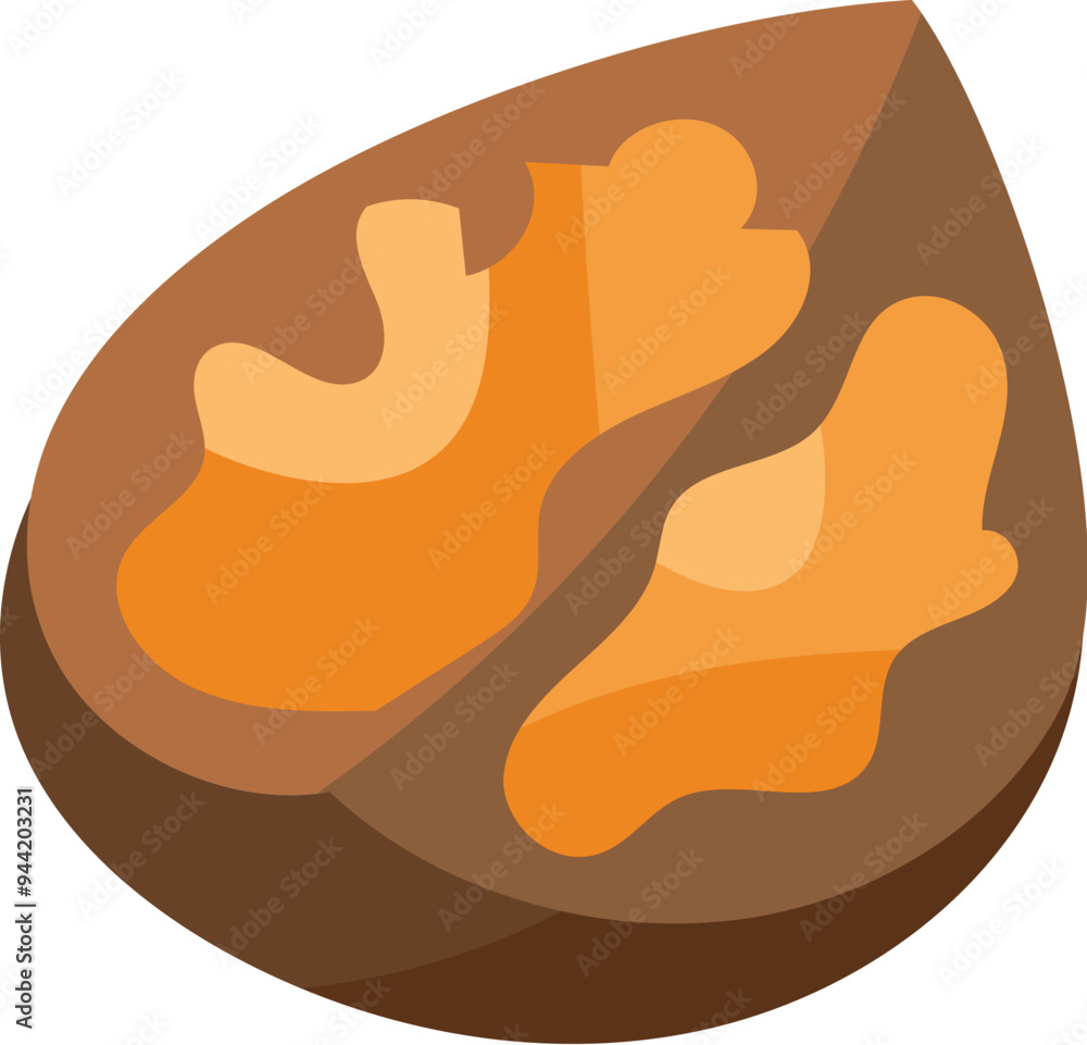 Walnut split in half. Nut shell with ripe core inside. Simple color cozy illustration. Hand drawn cartoon vector isolated on white background Walnut split in half. Nut shell with ripe core inside. Simple color cozy illustration. Hand drawn cartoon vector isolated on white background