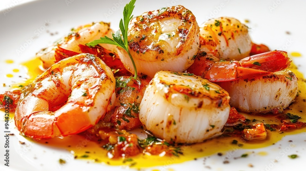 Close-up of fresh seafood, with succulent prawns and tender scallops, drizzled with zesty seafood sauce, on a crisp white background, no people. Close-up of fresh seafood, with succulent prawns and tender scallops, drizzled with zesty seafood sauce, on a crisp white background, no people.