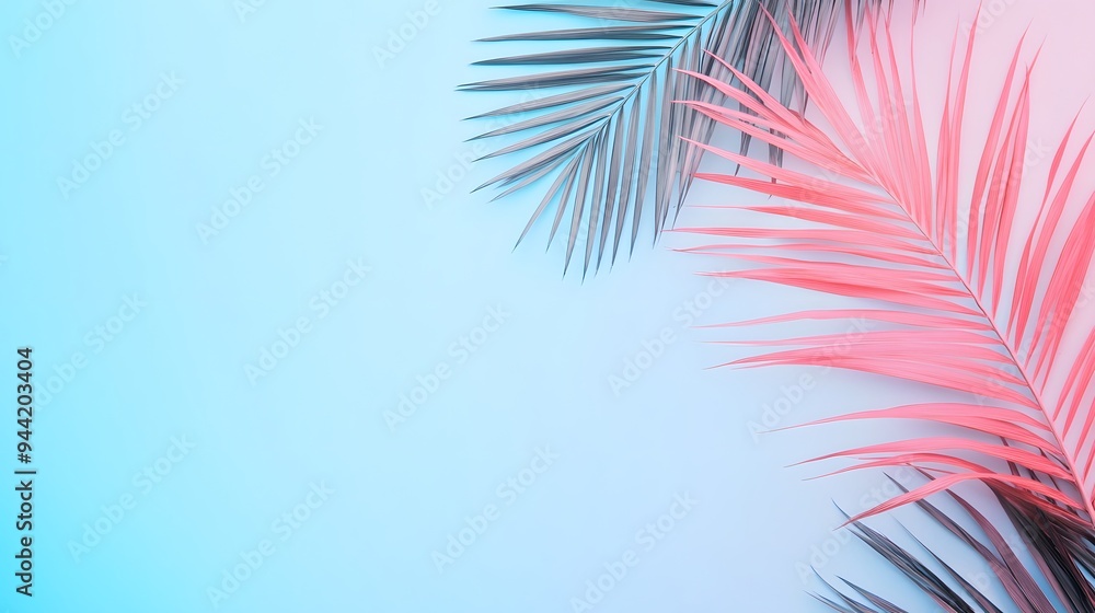 Photo of a pastel pink and blue background with palm leaves for an abstract summer concept. Web banner with copy space on the right Photo of a pastel pink and blue background with palm leaves for an abstract summer concept. Web banner with copy space on the right