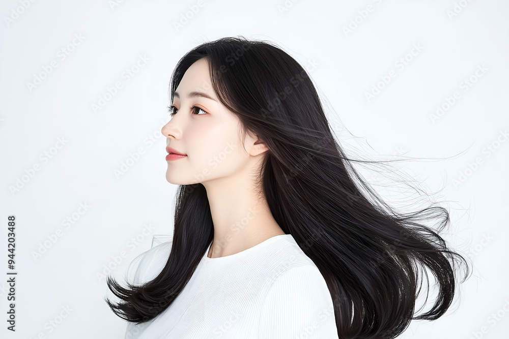 Young Woman with Flowing Hair and Gentle Expression Young Woman with Flowing Hair and Gentle Expression