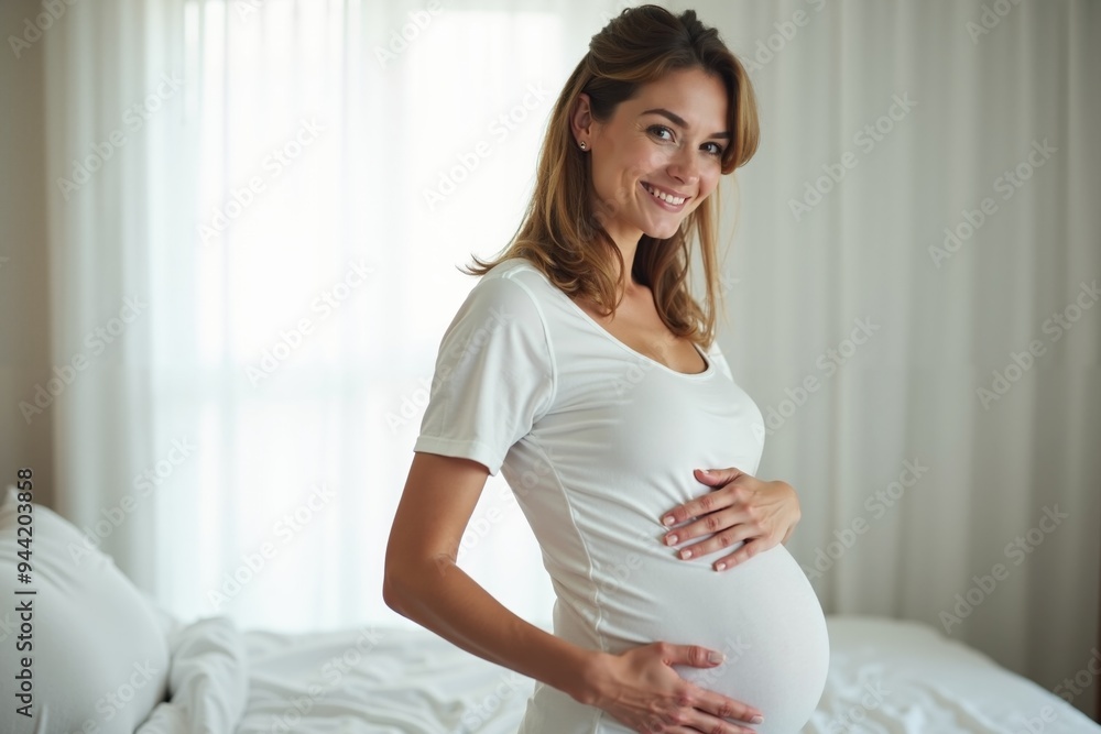 photo of pregnant woman with white curtain in background, generative AI photo of pregnant woman with white curtain in background, generative AI