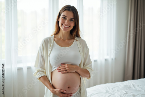 photo of pregnant woman with white curtain in background, generative AI