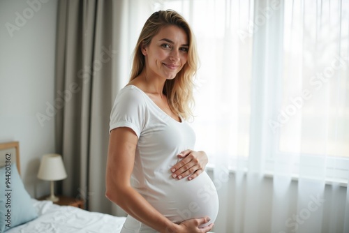 photo of pregnant woman with white curtain in background, generative AI