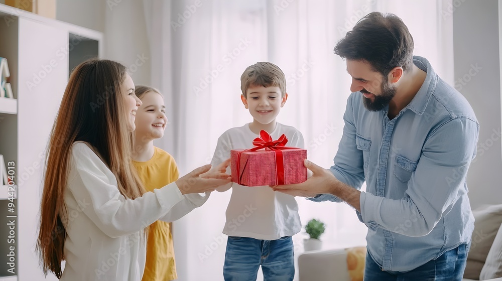Fototapeta premium Family celebrates a birthday with a red gift box.
