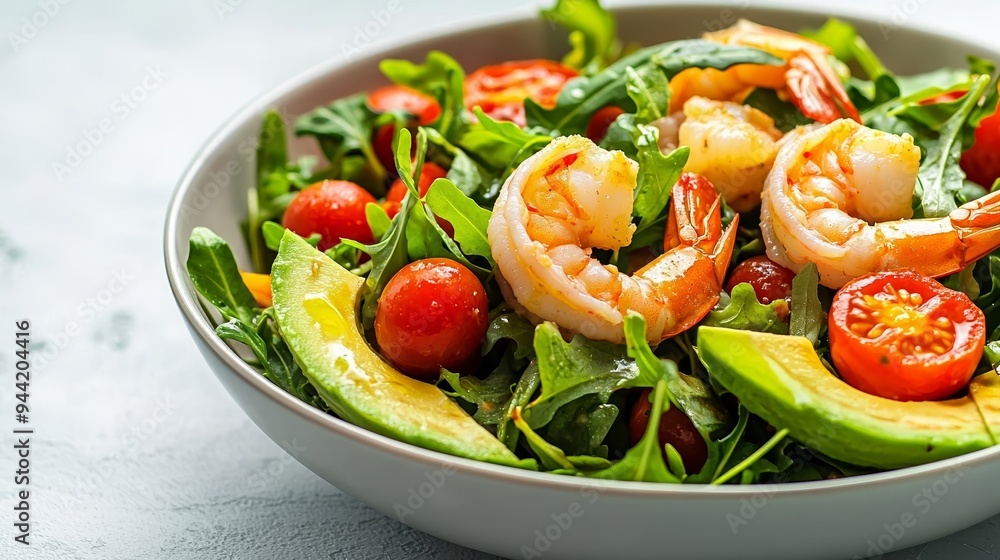 A vibrant summer salad with juicy shrimp, ripe avocado, and cherry tomatoes, served in a bowl, fresh salad, healthy eating, refreshing, colorful A vibrant summer salad with juicy shrimp, ripe avocado, and cherry tomatoes, served in a bowl, fresh salad, healthy eating, refreshing, colorful