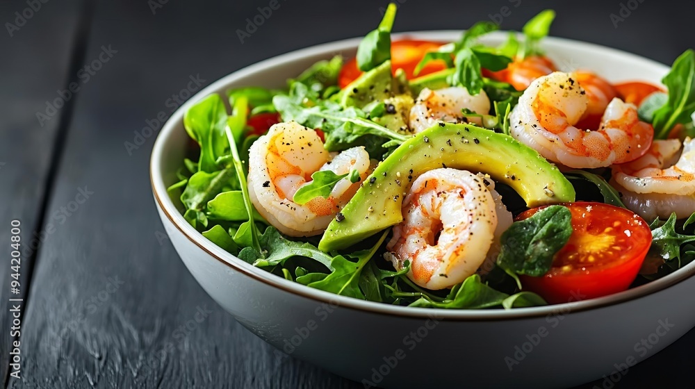 Bowl of mixed greens with shrimp, avocado, and tomatoes, capturing the essence of healthy, refreshing summer cuisine, summer salad, avocado shrimp, bright, zesty Bowl of mixed greens with shrimp, avocado, and tomatoes, capturing the essence of healthy, refreshing summer cuisine, summer salad, avocado shrimp, bright, zesty