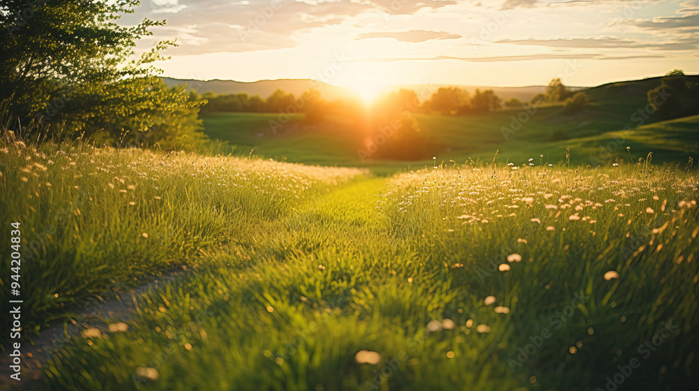 Obraz premium Golden Hour Sunset Over Lush Green Grass Field