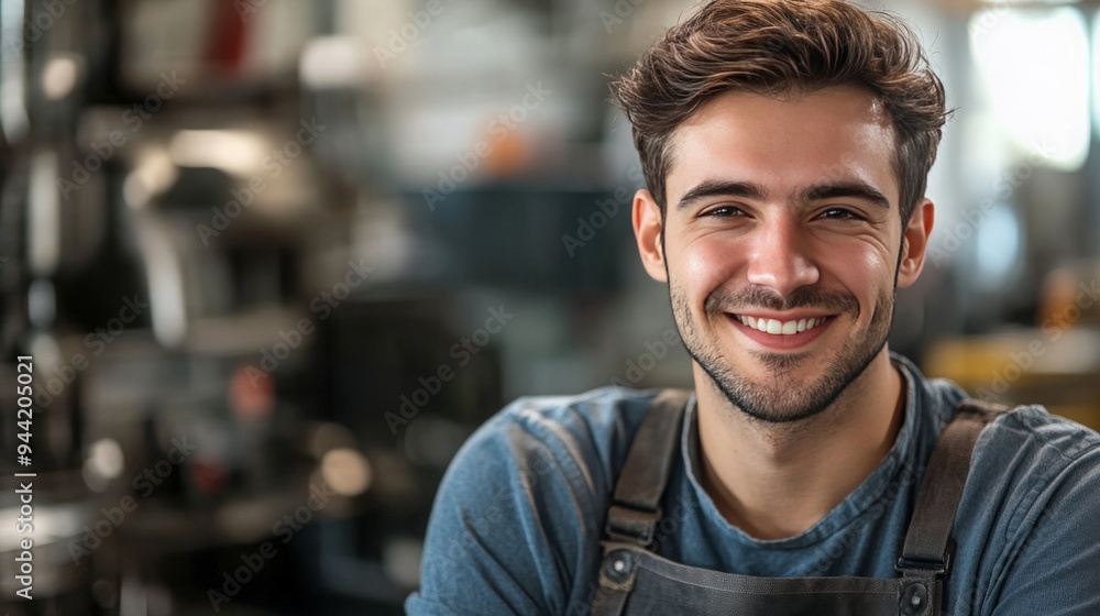 young friendly smiling male industry factory worker looking into the camera, 16:9 young friendly smiling male industry factory worker looking into the camera, 16:9