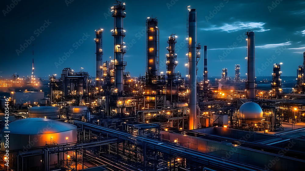 A petrochemical facility with an oil refinery and tower operating at night. A petrochemical facility with an oil refinery and tower operating at night.