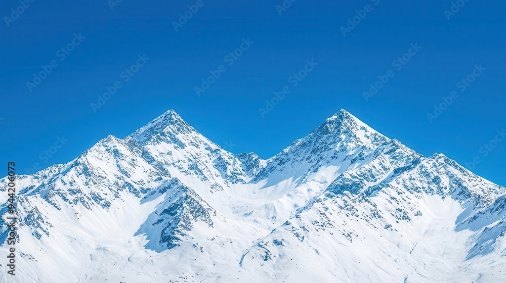 Snow-capped mountains under a clear blue sky, winter weather, cold and majestic Snow-capped mountains under a clear blue sky, winter weather, cold and majestic