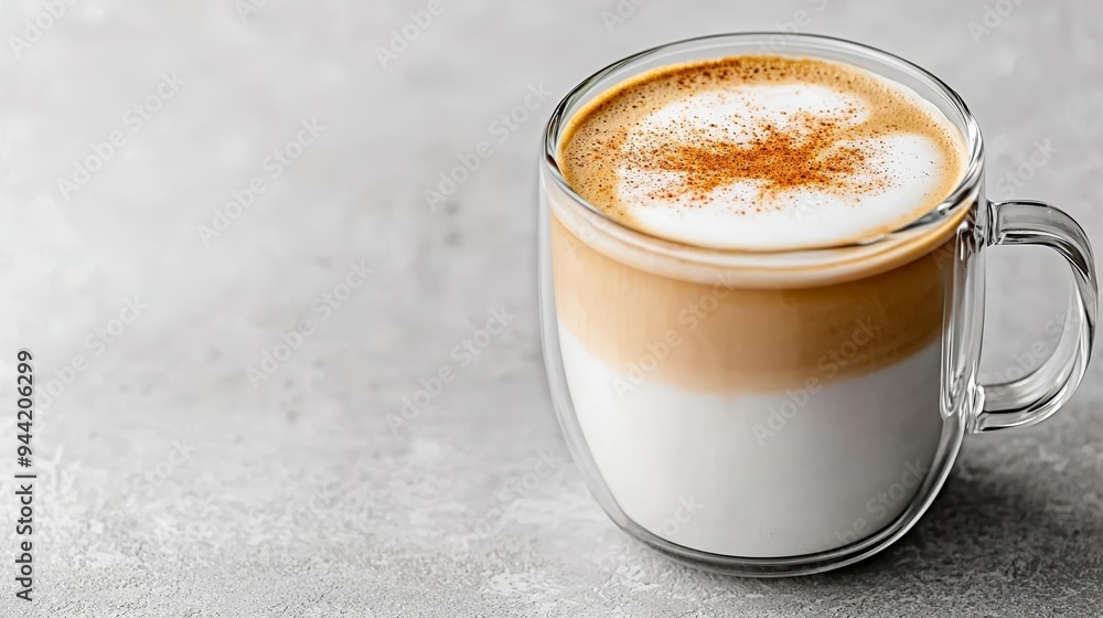Steaming cappuccino with frothy milk and a sprinkle of cinnamon in a clear glass mug, set on a gray background, coffee delight, cozy beverage, warmth, aromatic Steaming cappuccino with frothy milk and a sprinkle of cinnamon in a clear glass mug, set on a gray background, coffee delight, cozy beverage, warmth, aromatic