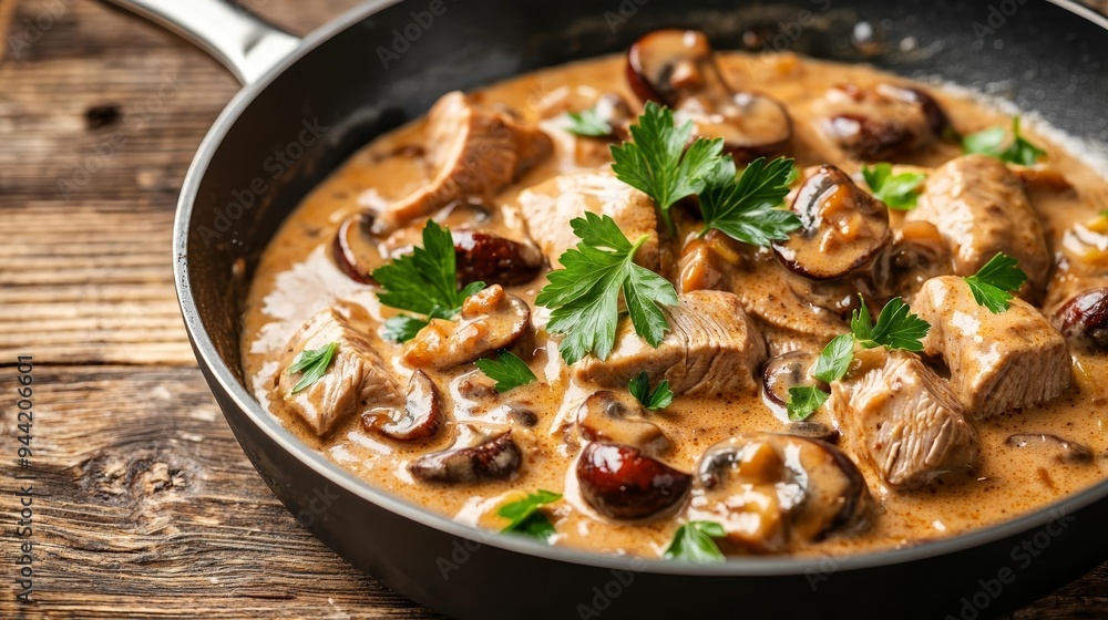 Veal strips and porcini mushrooms in a creamy sauce, garnished with parsley, served in a skillet on a rustic wooden table, hearty stroganoff, traditional recipe, comforting, robust Veal strips and porcini mushrooms in a creamy sauce, garnished with parsley, served in a skillet on a rustic wooden table, hearty stroganoff, traditional recipe, comforting, robust