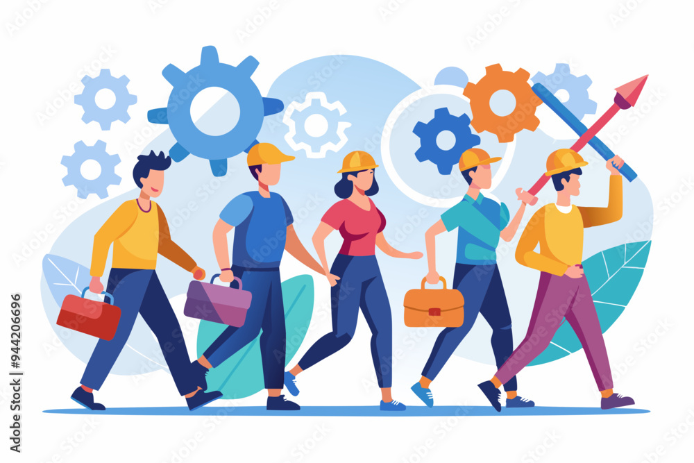 An illustration showing a team of workers walking with various tools and gears, symbolizing teamwork, collaboration, and technical skills in a dynamic work environment.
An illustration showing a team of workers walking with various tools and gears, symbolizing teamwork, collaboration, and technical skills in a dynamic work environment.