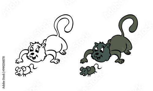 Cat and Rat, tom and jerry, Cute woodland animals. Wild animal, forest flora and fauna elements. forest Animals hand drawn style. Animals character, Isolated cartoon vector photo