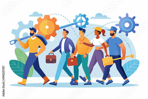 An illustration showing a team of workers walking with various tools and gears, symbolizing teamwork, collaboration, and technical skills in a dynamic work environment. 

