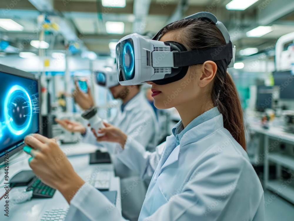 A woman wearing a white lab coat is wearing a virtual reality headset and playing a game on a computer