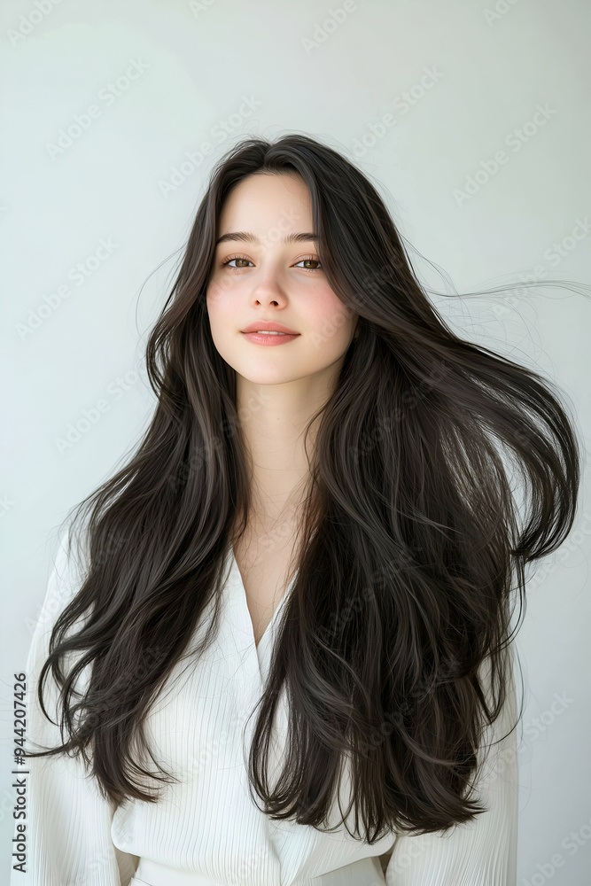 Youthful Woman with Flowing Hair and Serene Expression Youthful Woman with Flowing Hair and Serene Expression