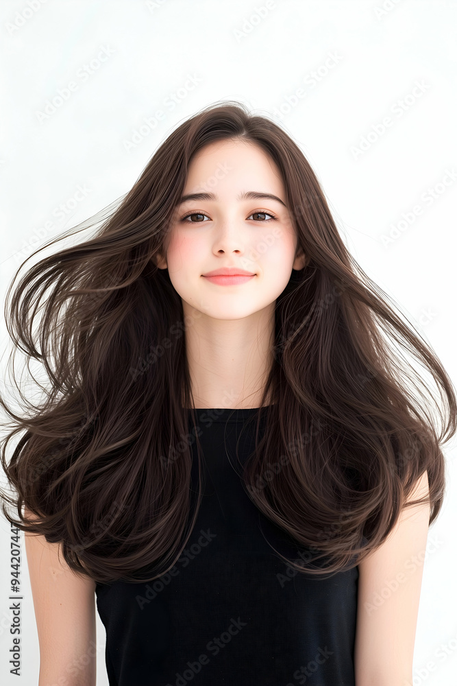 Youthful Woman with Flowing Hair and Serene Expression Youthful Woman with Flowing Hair and Serene Expression