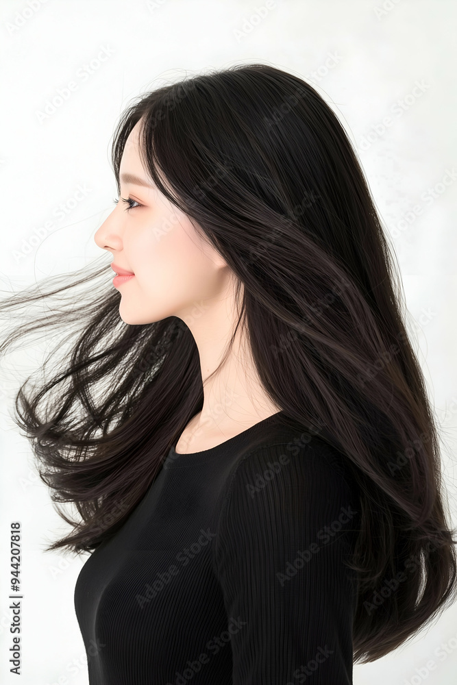Youthful Woman with Flowing Hair and Serene Expression Youthful Woman with Flowing Hair and Serene Expression