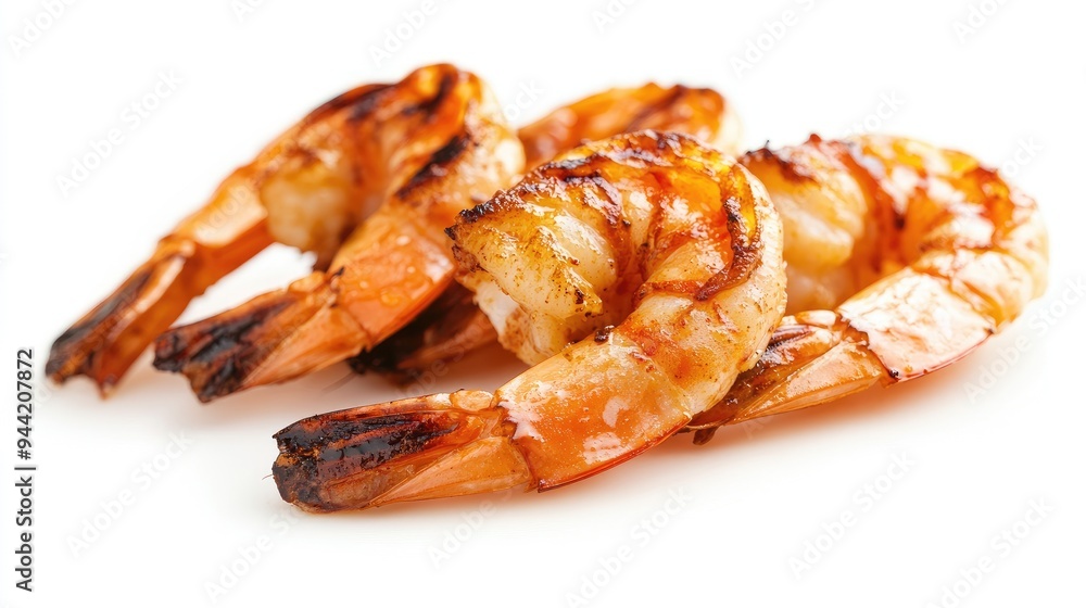 Close-up of grilled shrimp, perfectly charred with a golden-brown finish, juicy and delicious, set against a clean white background, no people. Close-up of grilled shrimp, perfectly charred with a golden-brown finish, juicy and delicious, set against a clean white background, no people.