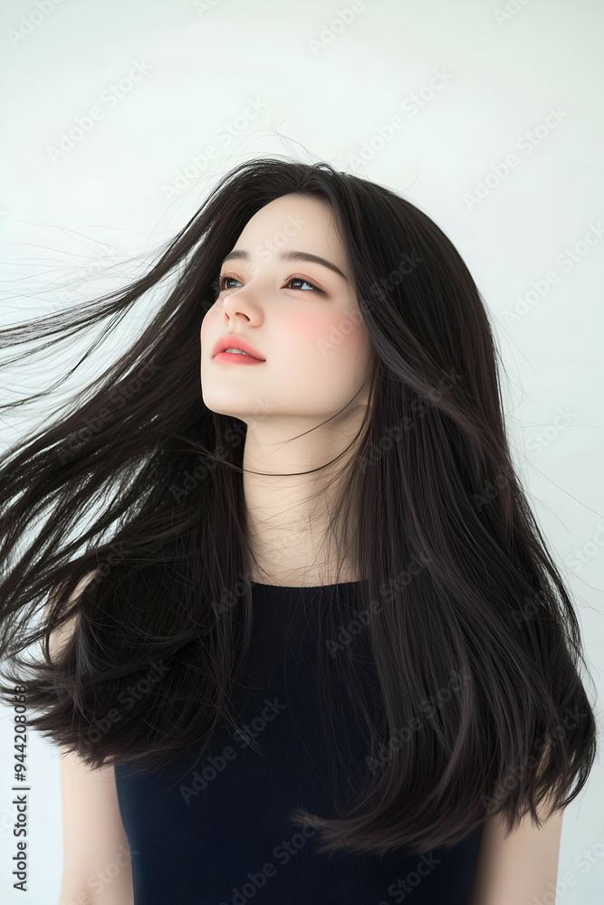 Naklejka premium Youthful Woman with Flowing Hair and Serene Expression