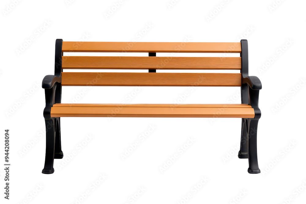 A stylish wooden bench with a black metal frame, ideal for parks or outdoor settings, inviting relaxation and comfort isolate on transparency background A stylish wooden bench with a black metal frame, ideal for parks or outdoor settings, inviting relaxation and comfort isolate on transparency background