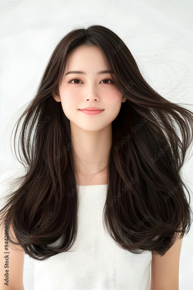 Youthful Woman with Flowing Hair and Serene Expression Youthful Woman with Flowing Hair and Serene Expression