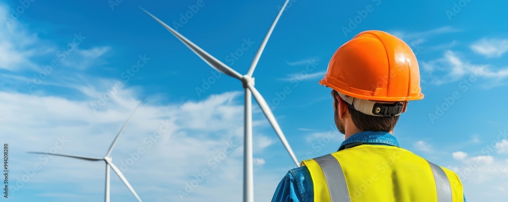 A worker in safety gear observes wind turbines against a bright blue sky, symbolizing renewable energy and environmental progress. A worker in safety gear observes wind turbines against a bright blue sky, symbolizing renewable energy and environmental progress.