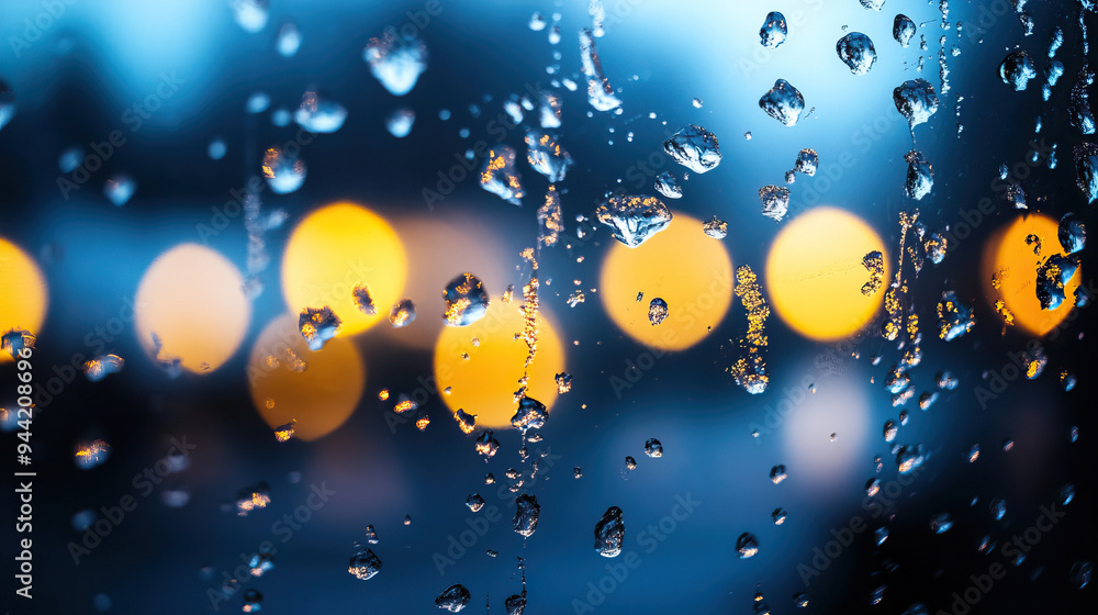 Fototapeta premium A close-up view of raindrops on a window, with blurred city lights in the background creating a serene, atmospheric effect.