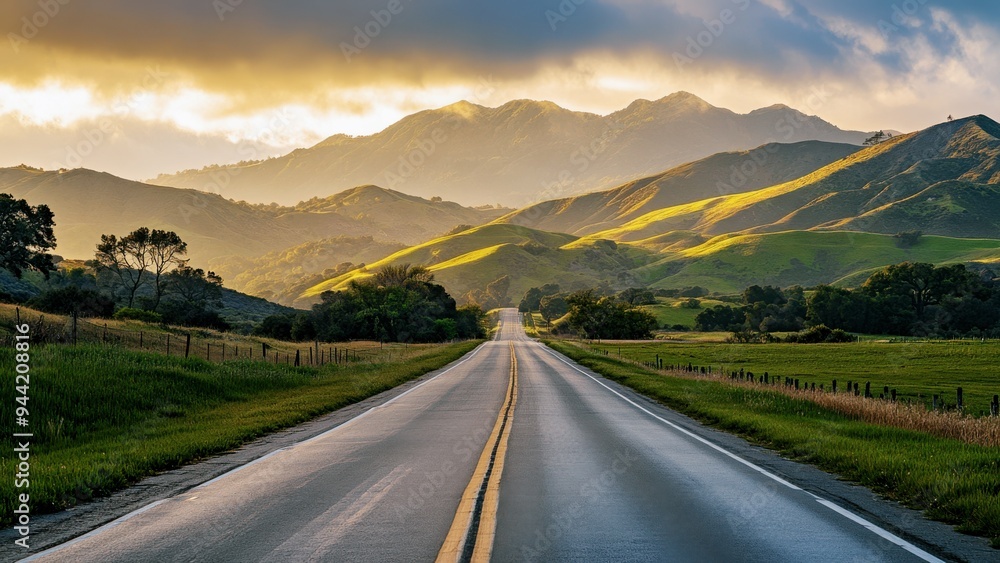 Naklejka premium open road leading through lush green hills at sunset