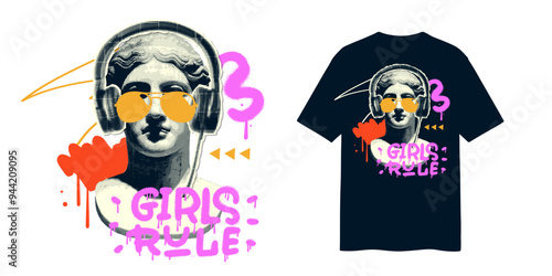 Girls rule slogan typography aesthetic graphic design with head greek sculpture in headphones for creative clothing, for streetwear and urban style t-shirts design. Vector halftone collage design.