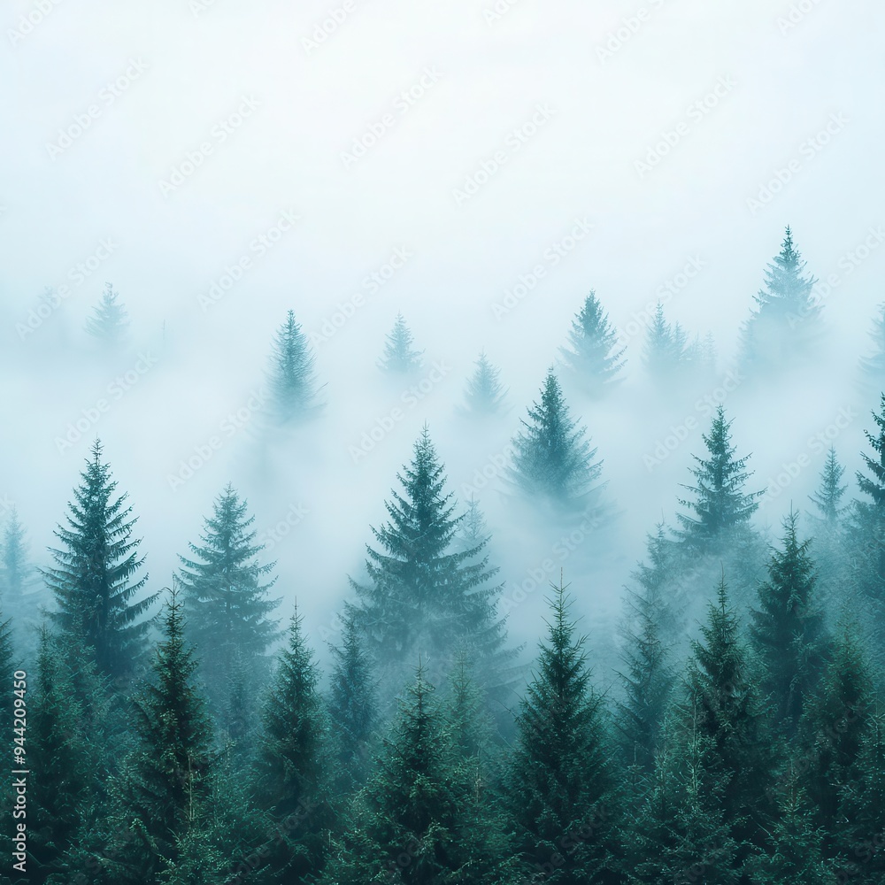Fototapeta premium Morning mist rolling through a dense forest, foggy weather, mysterious ambiance