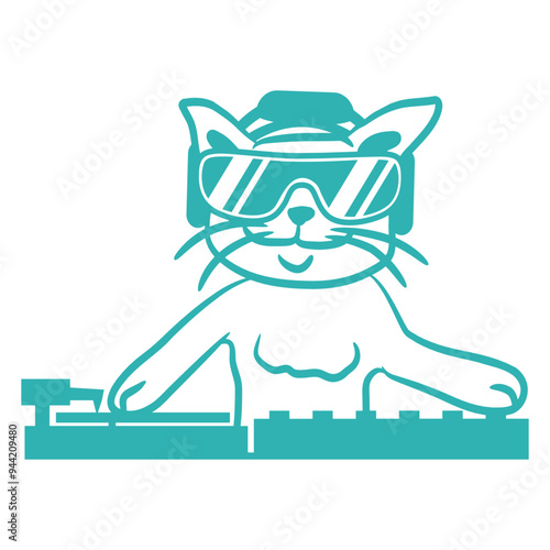 Cute Little Cat Pet Animal Kitten Music Vinyl Mixing Console Table Turntable DJ Cool Face Headphone Sunglasses Party Night Listen Loud Bass Sound Dancing Clubber Raver Fun Disco Club Techno Discothek