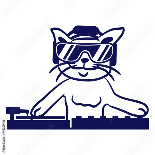 Cute Little Cat Pet Animal Kitten Music Vinyl Mixing Console Table Turntable DJ Cool Face Headphone Sunglasses Party Night Listen Loud Bass Sound Dancing Clubber Raver Fun Disco Club Techno Discothek