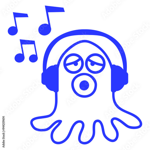 Cute Little Squid Kraken Monster Octopus Listens Music Vinyl Mixing Console Table Turntable DJ Cool Headphone Party Night Listen Loud Bass Sound Dancing Clubber Raver Fun Disco Club Techno Discothek